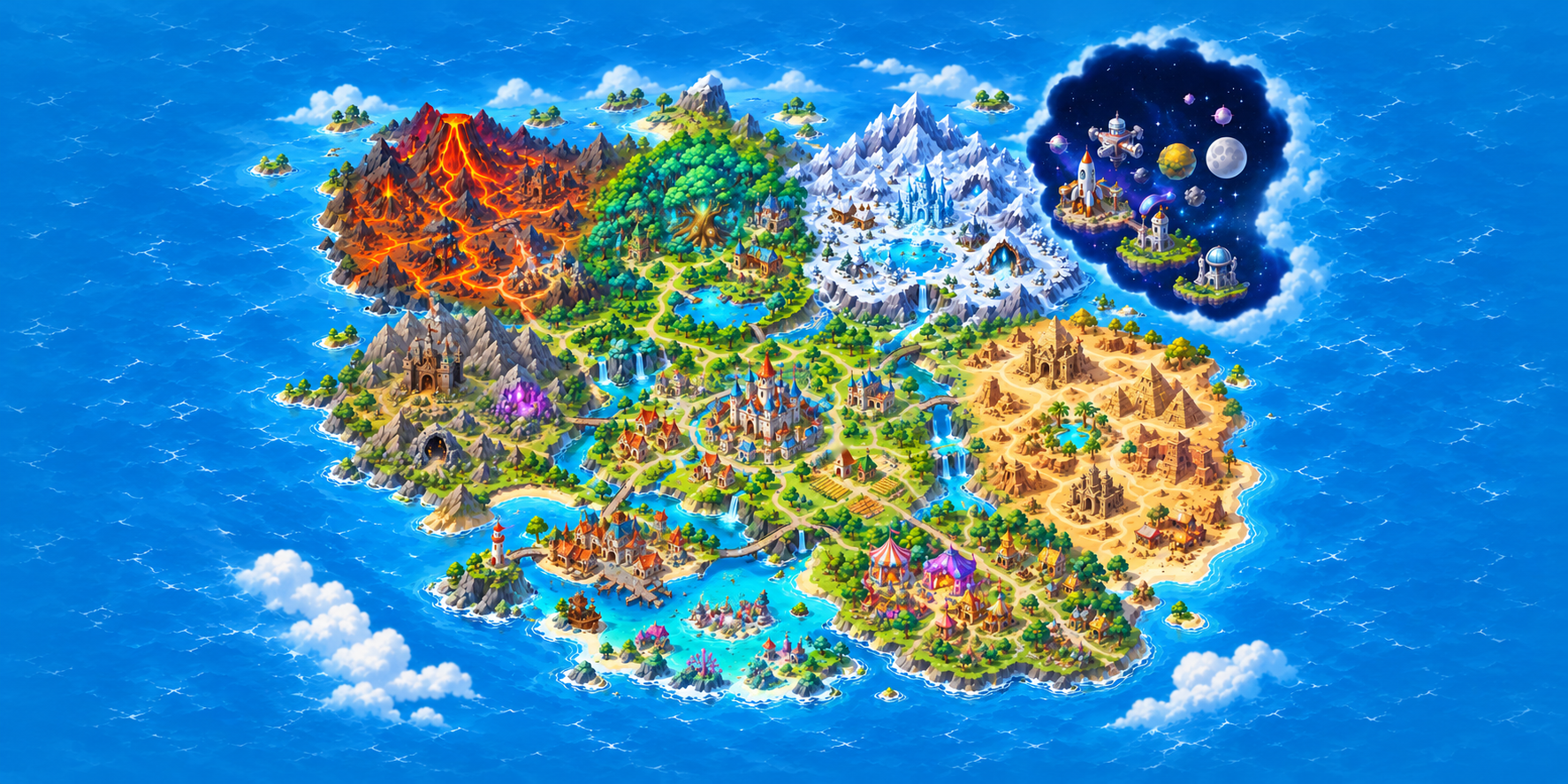 Fantasy island: volcano, forest, ice mountains, castle, desert, port and lagoon